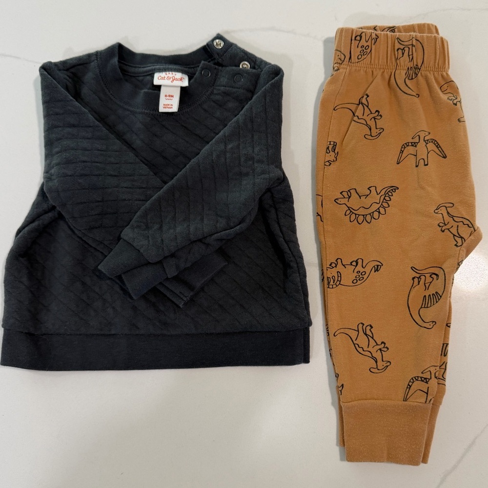 Cat & Jack Dino Set - Black Quilted Sweater and Tan Dinosaur Pants - Size 6-9m